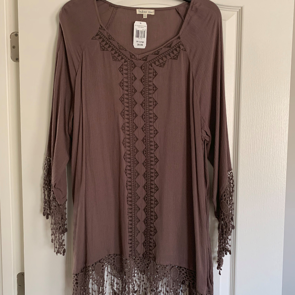 Women's Indigo Soul 2XL Crochet Trim Brown Tunic